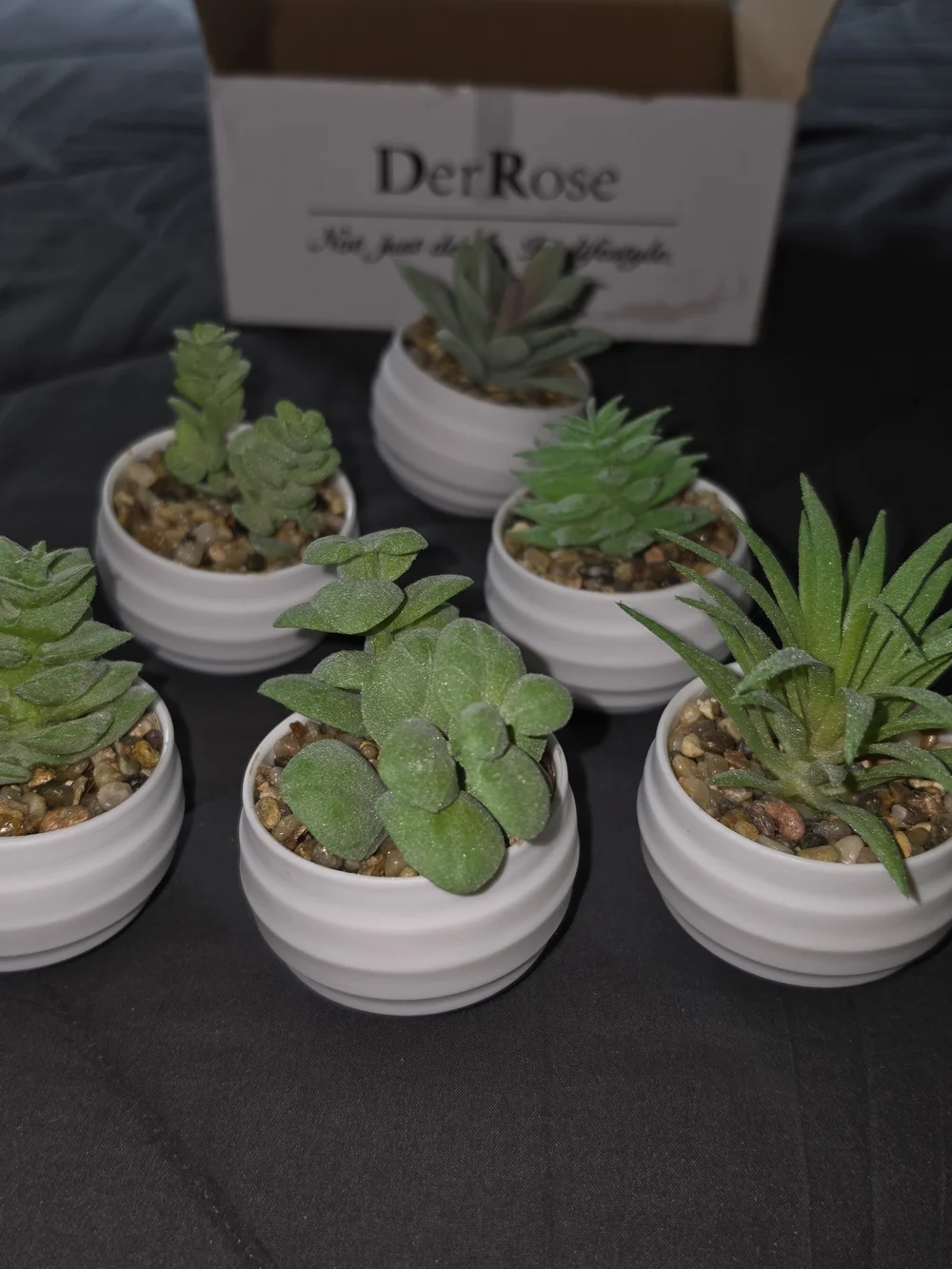 White Ceramic Mini Planter Set with Green Faux Succulents (6-Pack)